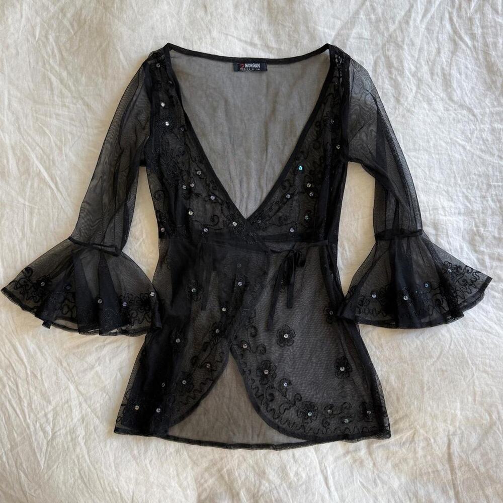 Morgan de toi mesh bell sleeve mesh blouse
